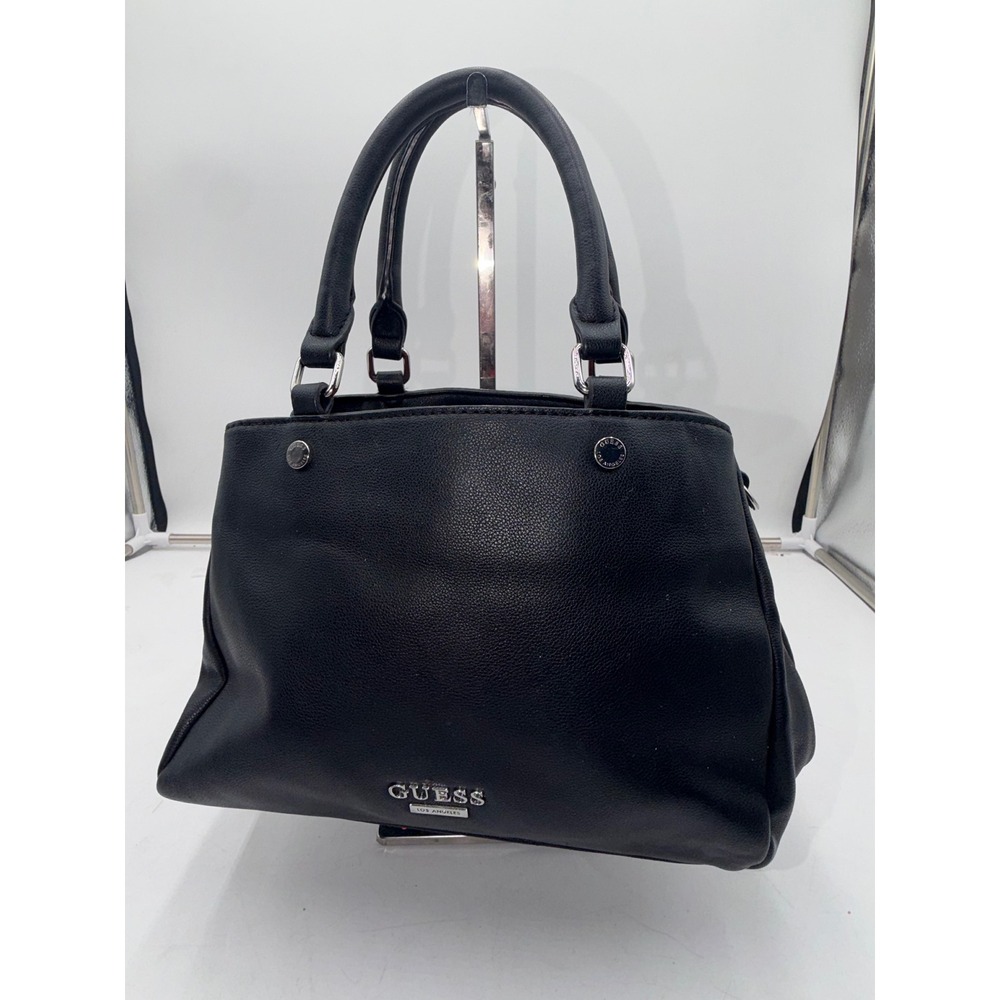 Guess Los Angeles Black Pebbled Satchel Handbag Crossbody Bag Silver Hardware